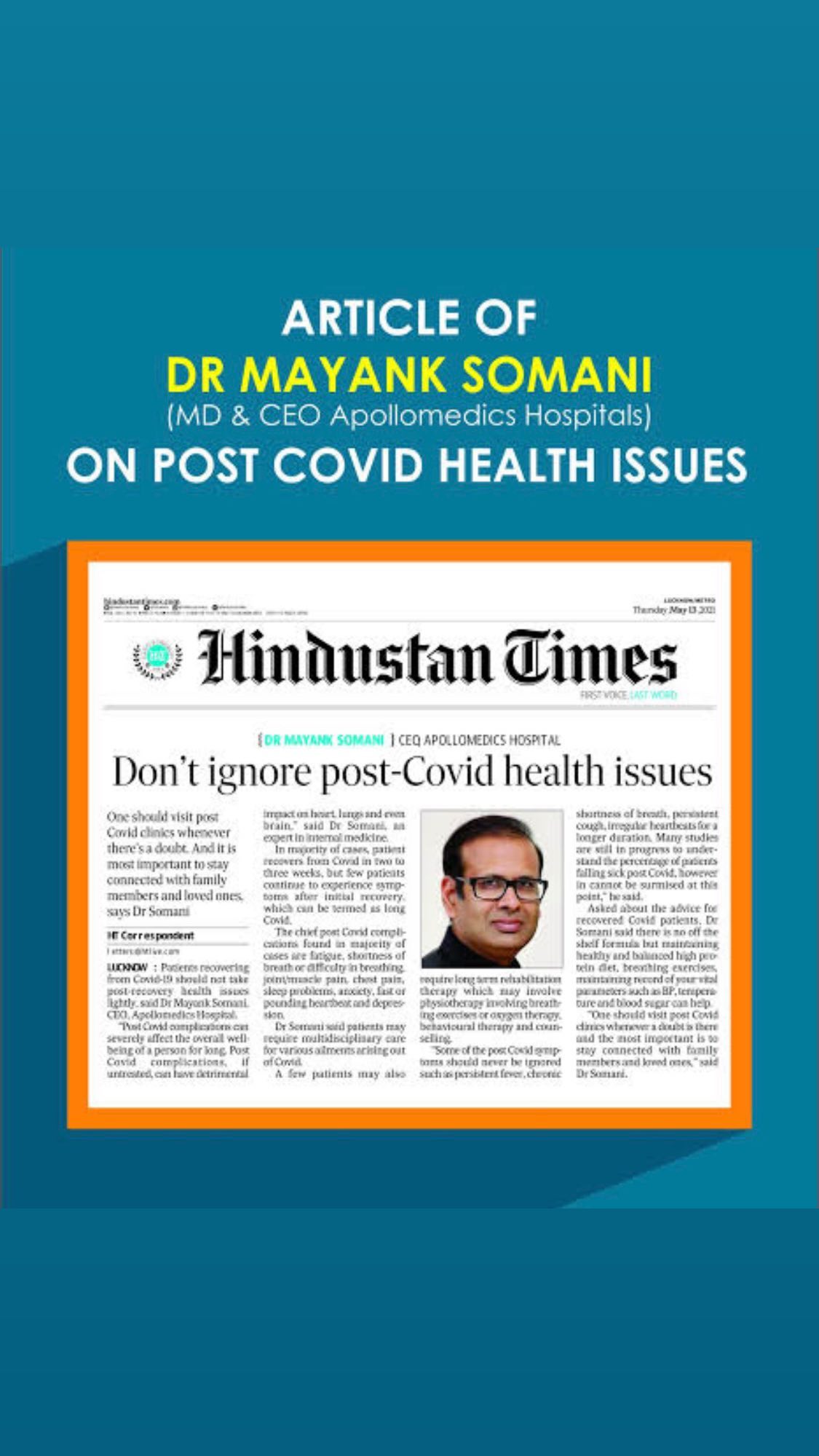 Dr. Mayank Somani article in Hindustan Times on Post-COVID health issues