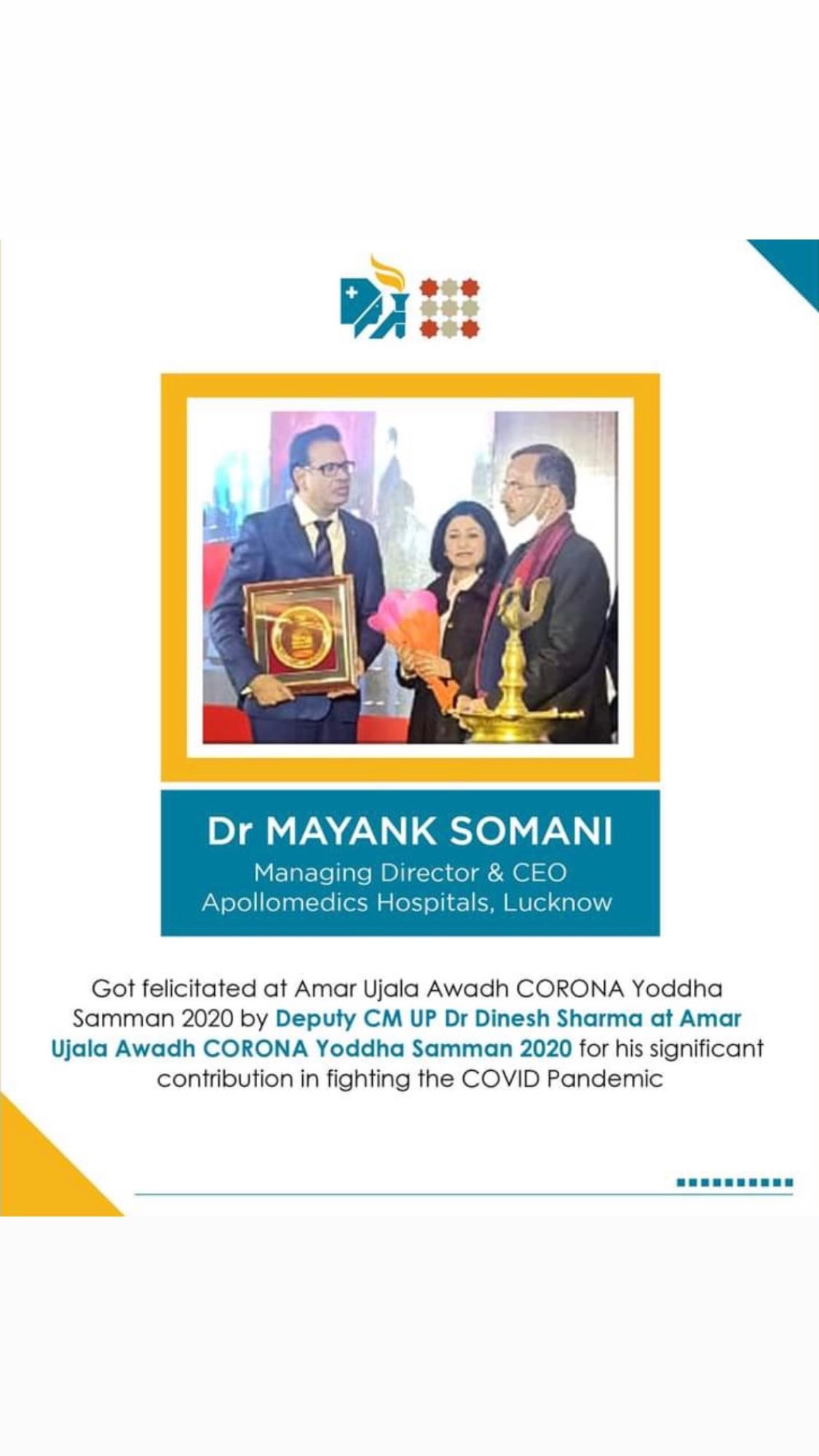 Dr. Mayank Somani — CORONA Yoddha Samman